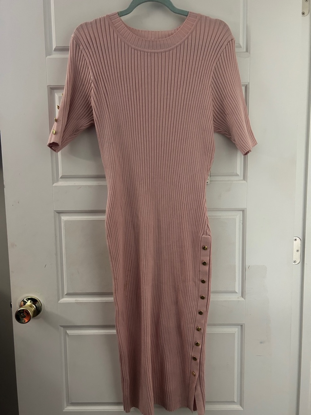 Ribbed Midi Knit Dress with Side Button Detail - Blush Pink